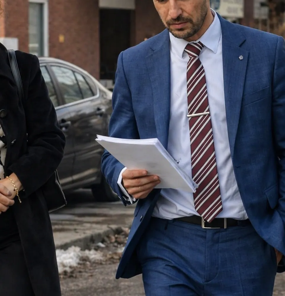 Majd Mouzaffar reviewing documents en route to court